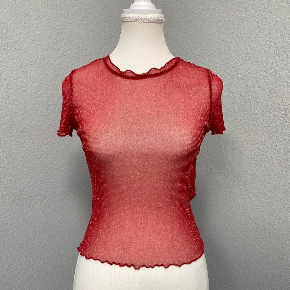 FB SISTER RED MESH RUFFLE HEM SHEER SHORT SLEEVE TOP Y2K FAIRY GRUNGE WHIMSICAL